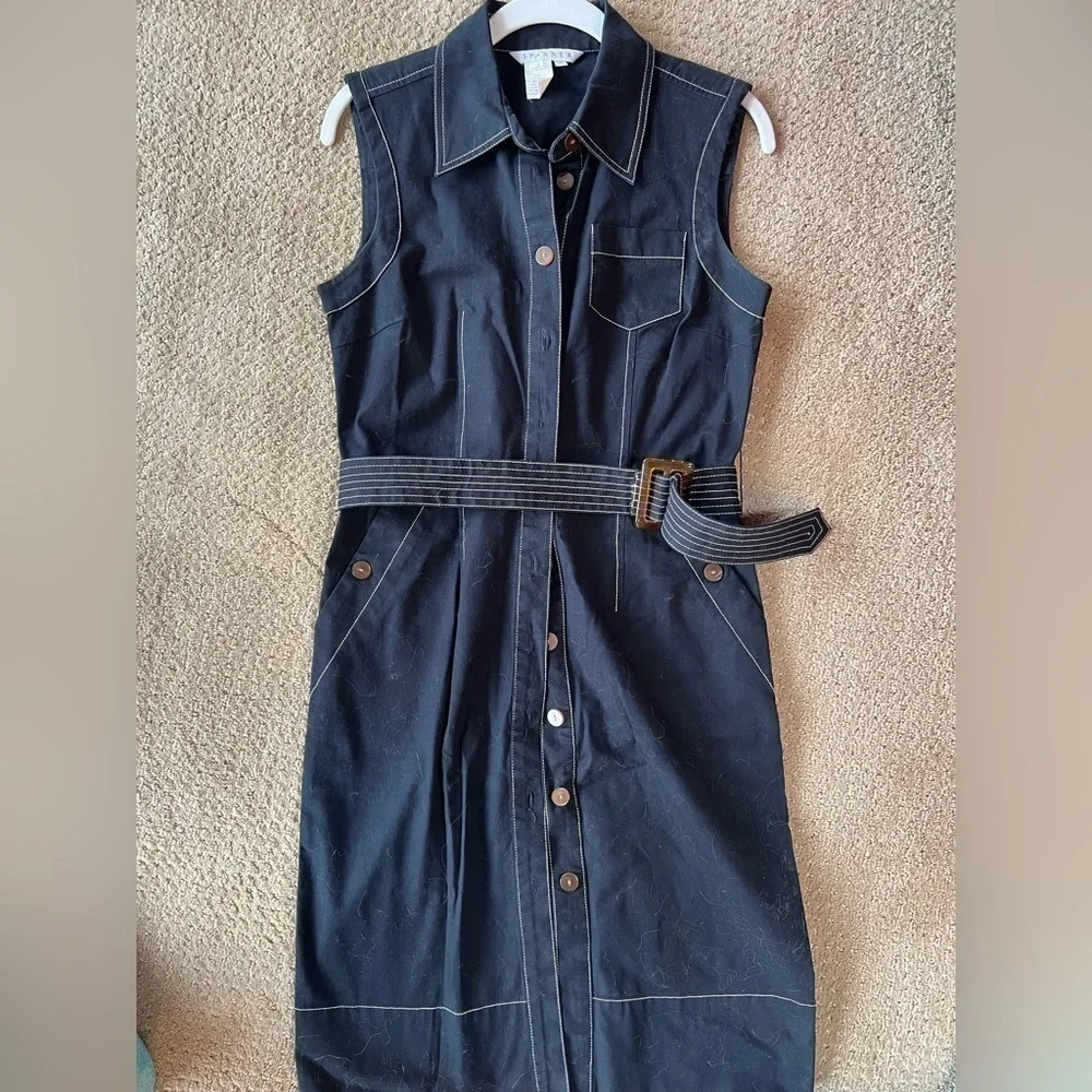 Spanner Vintage Belted Button Down Trench Dress Black with White Stitching
